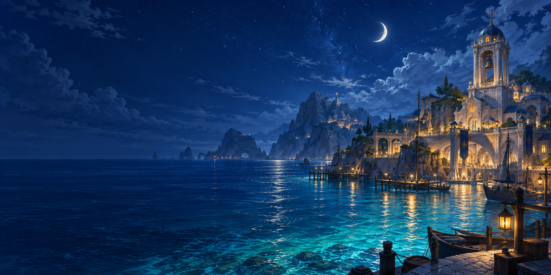月夜の海に明かりが映るGuild Campanellaの港